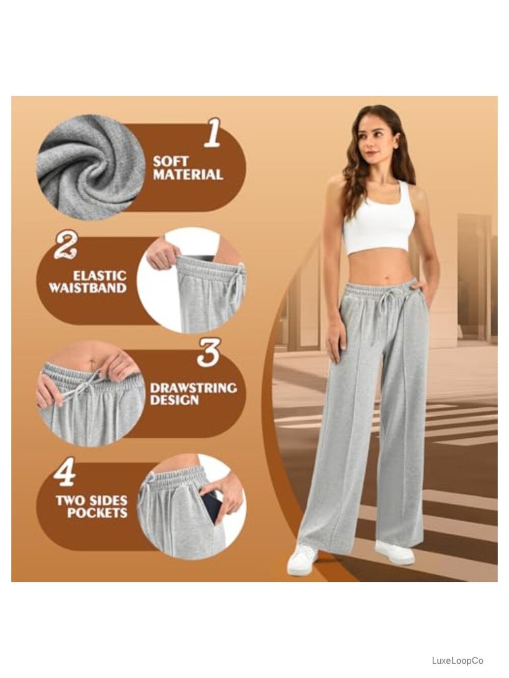 Wide Leg French Terry Sweatpants Drawstring High Rise Pockets - Picture 2 of 6